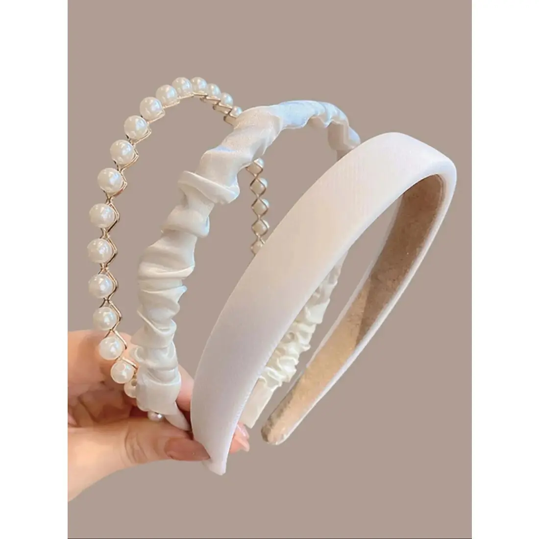 3-Piece Hair Hoop Set for Women, Wide Ruched Fabric Headbands with Elegant Faux Pearl Accents, Assorted Colors for Everyday Wear, Three Assorted Colors, Casual
