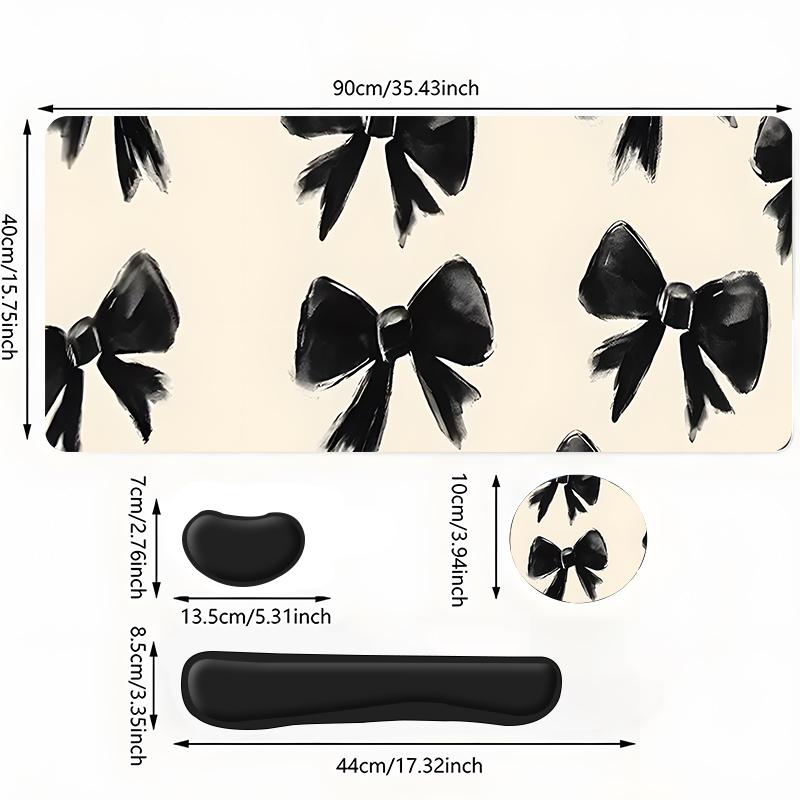 Bow Pattern Non Slip Mousepad & Keyboard Wrist Rest & Coaster Set, Ergonomic Wrist Support, Computer Mat Mouse Pad Coaster Set for Home Office Gaming