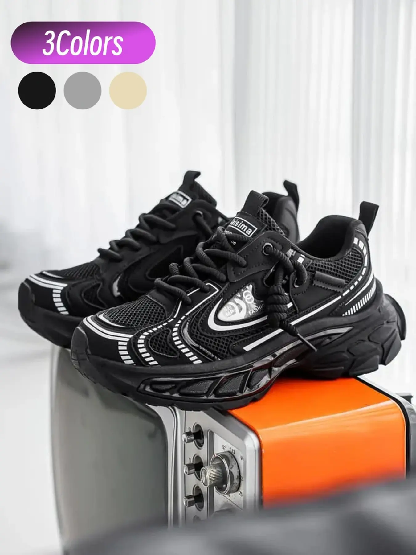 Men Functional Spliced Mesh Trend Running Shoes Decorated With Metallic Silver Reflective Stripes Spacious Round Toe Deep Wavy Grain Anti-slip Thick Sole Light Breathable Casual Sneakers Lightweight Fashion Breathable For Commute Shopping
