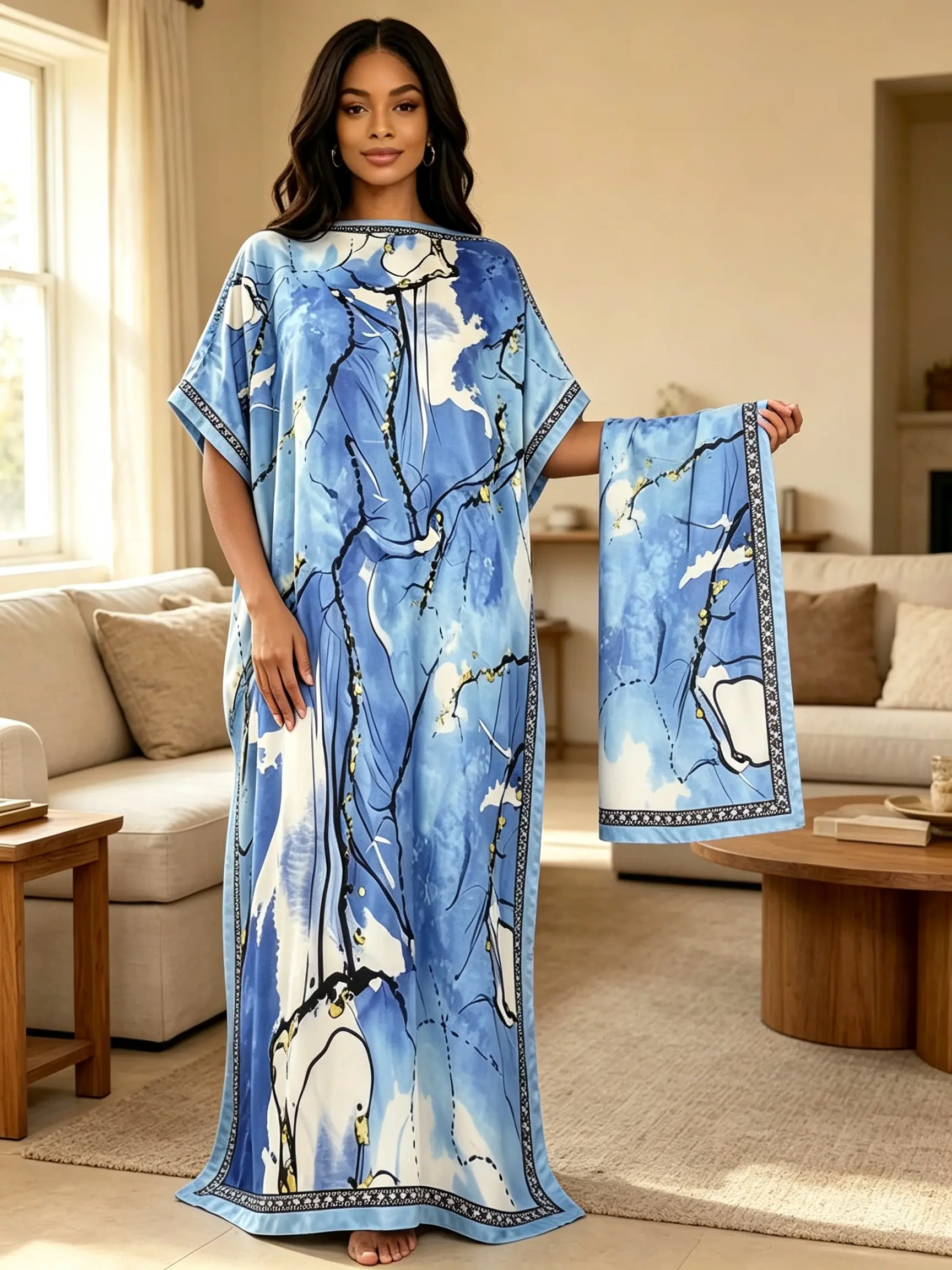 Plus Size Women's Loose Fit Blue Art Print Two-Piece Kaftan Set, Boat Neck Satin Long Robe with Shawl, Muslim Daily Home Hotel Pool Resort Abaya