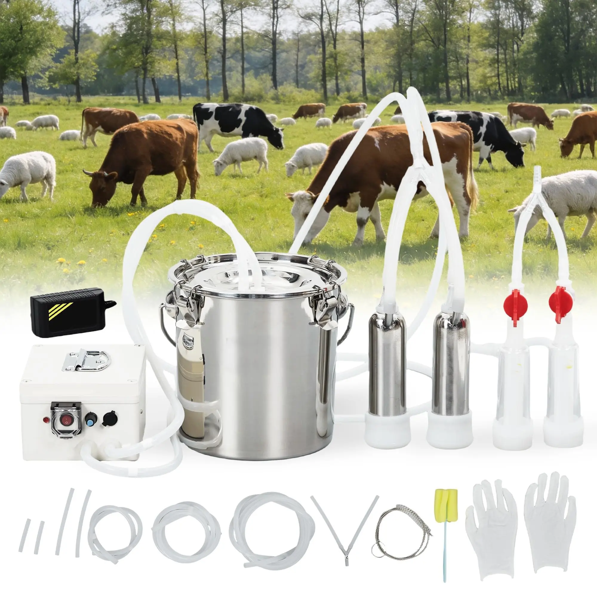GARVEE 12L 304 Stainless Steel Electric Goat Milking Machine, Portable Pulse Adjust Milking Tool with Rechargeable Battery, Reduces Stress for Goats and Cows, Goat/Cow/Sheep