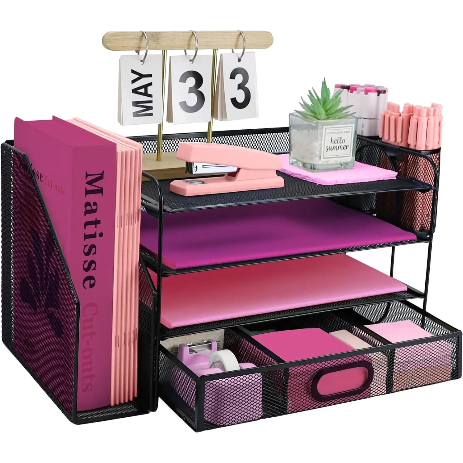 Desk Organizers and Accessories with File Holder, 4-Tier Paper Letter Tray Organiser with Drawer and 2 Pen Holder, Mesh Desktop Document Organizer for Office Supplies, Workspace - Black