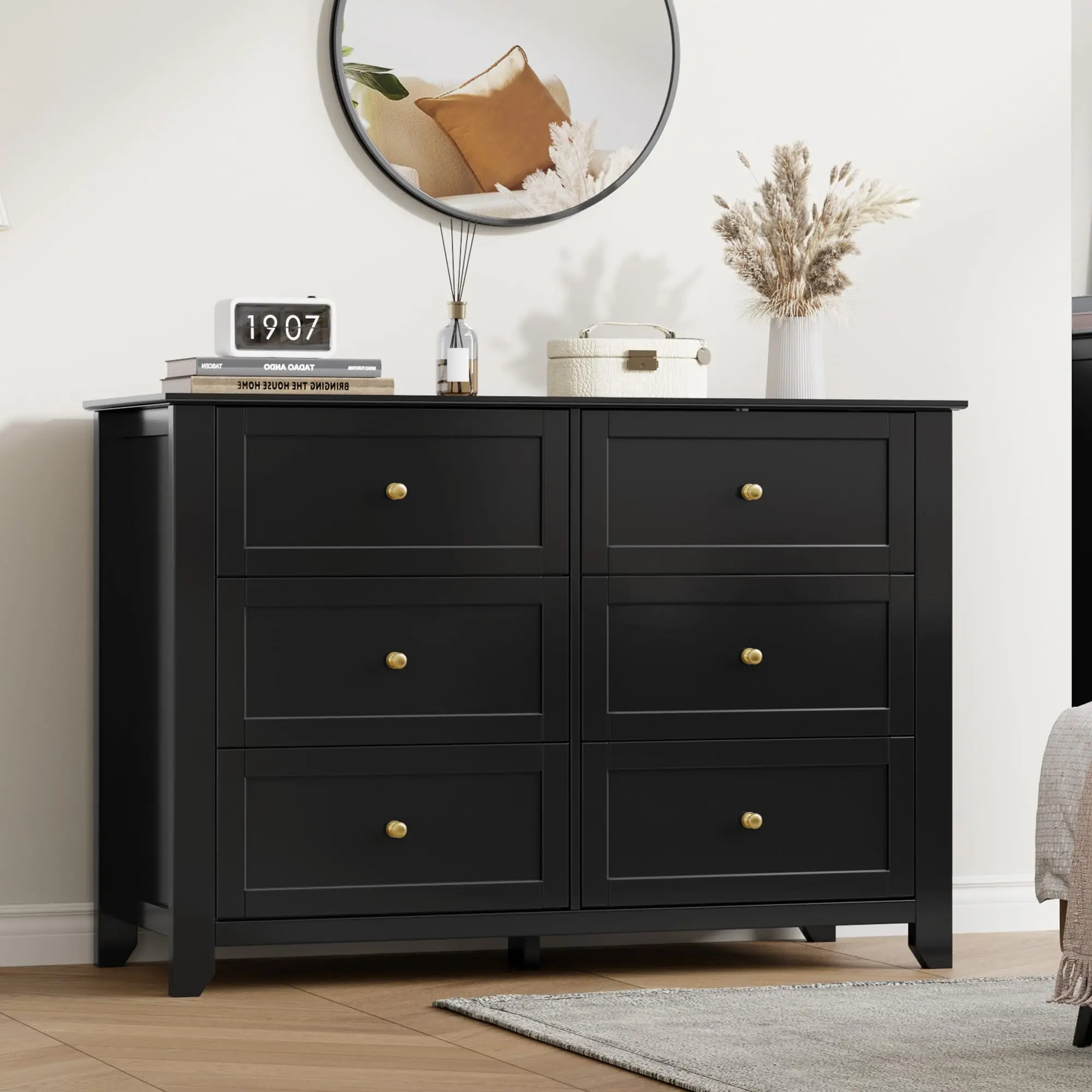 Modern Rectangular 6-Drawer Wooden Dresser - Wood Frame, Deep Drawers, Hassle-Free Single Unit, Sleek Metal Knobs, Spacious Organizer for Bedroom Nursery, White & Pink Available