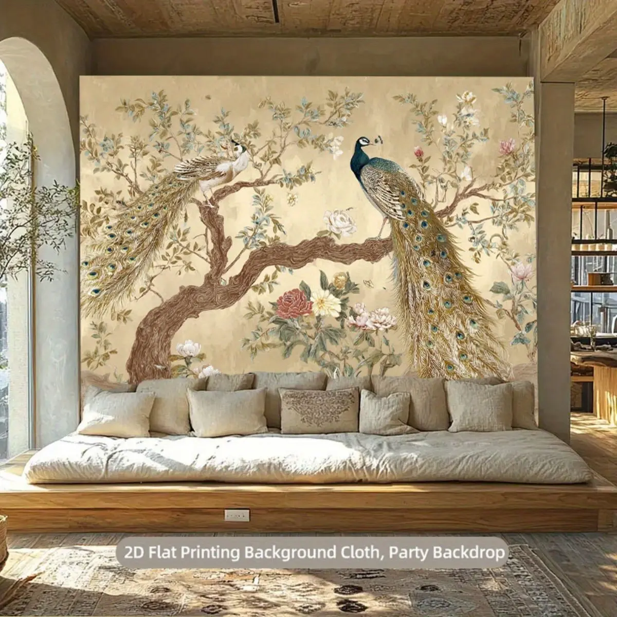 2D Flat Elegant Peacock Painting Backdrop - Super Large Photography Wall Decor with 2 Peacocks on Branch, Greenery, Floral Accents - Easy-Hanging Indoor/Outdoor Party Decor for Weddings, Home - Durable Room Artwork