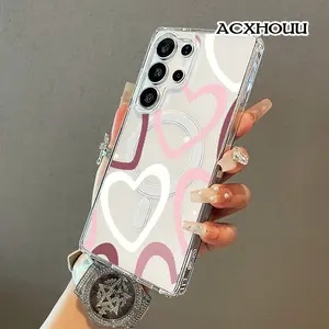 Mauve Gradient Hollow Heart Outline Print Magnetic Protective Case for SAMSUNG S26 ULTRA S25 S24 S23 S22,Aesthetic Design Shockproof,Silicone,Lightweight,Scratch Resistant,and Girly