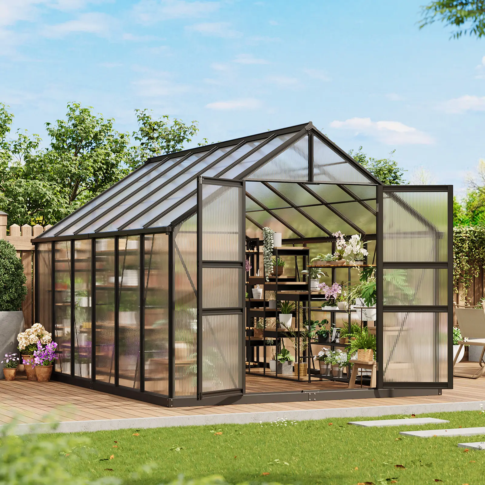 Large Walk-In Polycarbonate Greenhouse, Aluminum Frame & Twin-Wall Panels. UV Protection, Roof Vents, Rain Gutters. Heavy Duty Outdoor Garden House for Vegetables, Flowers. All-Season Growing, DIY Assembly