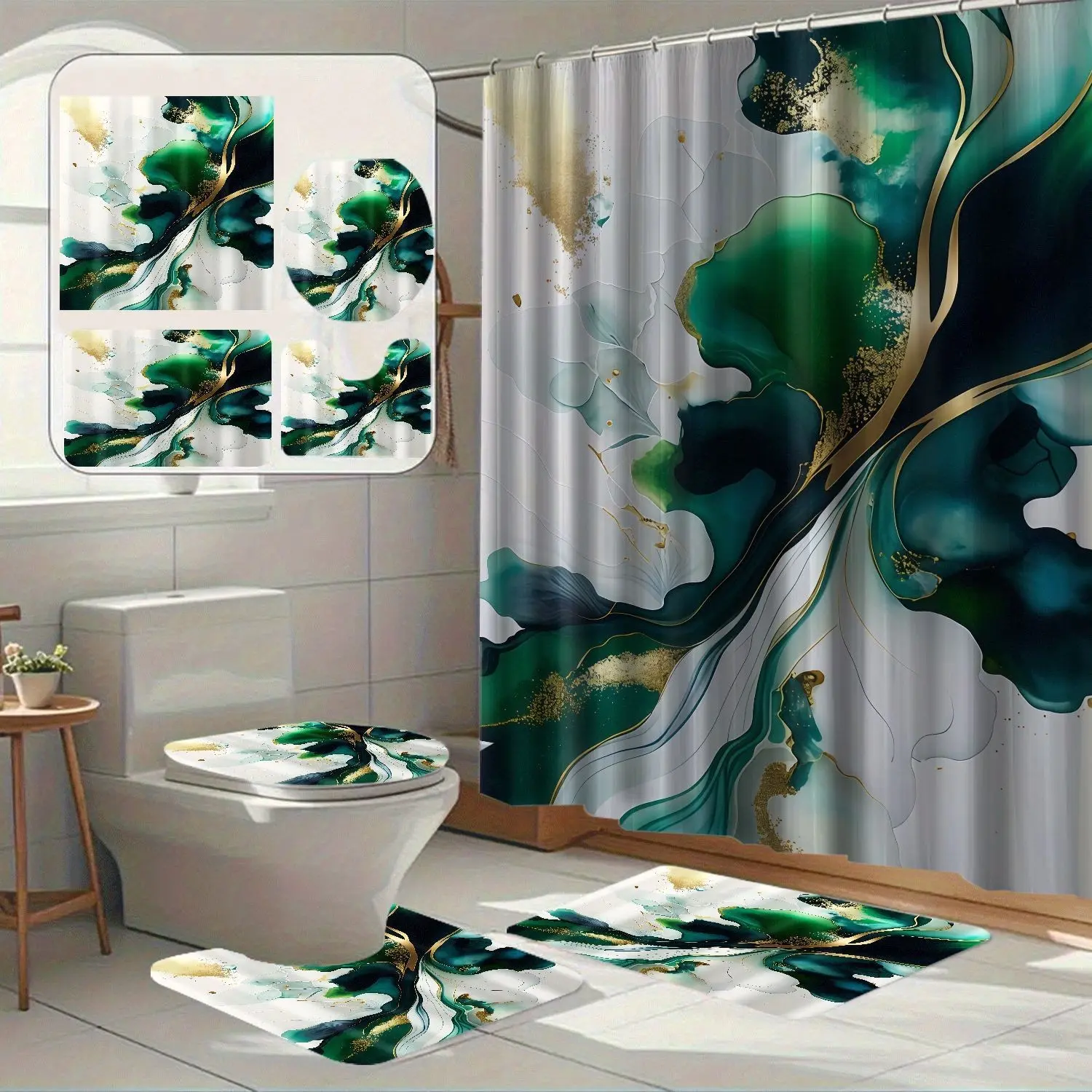 Modern Luxury Gold Marble Print Shower Curtain, Waterproof Polyester Bath Curtain, Bathroom Home Decor, 1/4pcs, Rectangular with Holes