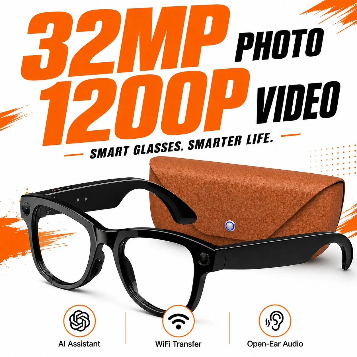 Wearable Recording Eyewear Fashion smart audio sunglasses for natural first-person moment capture, AI upgraded high clarity photography, real-time voice translation assistance, three detachable lenses, premium leather charging power pouch, sweat resistant
