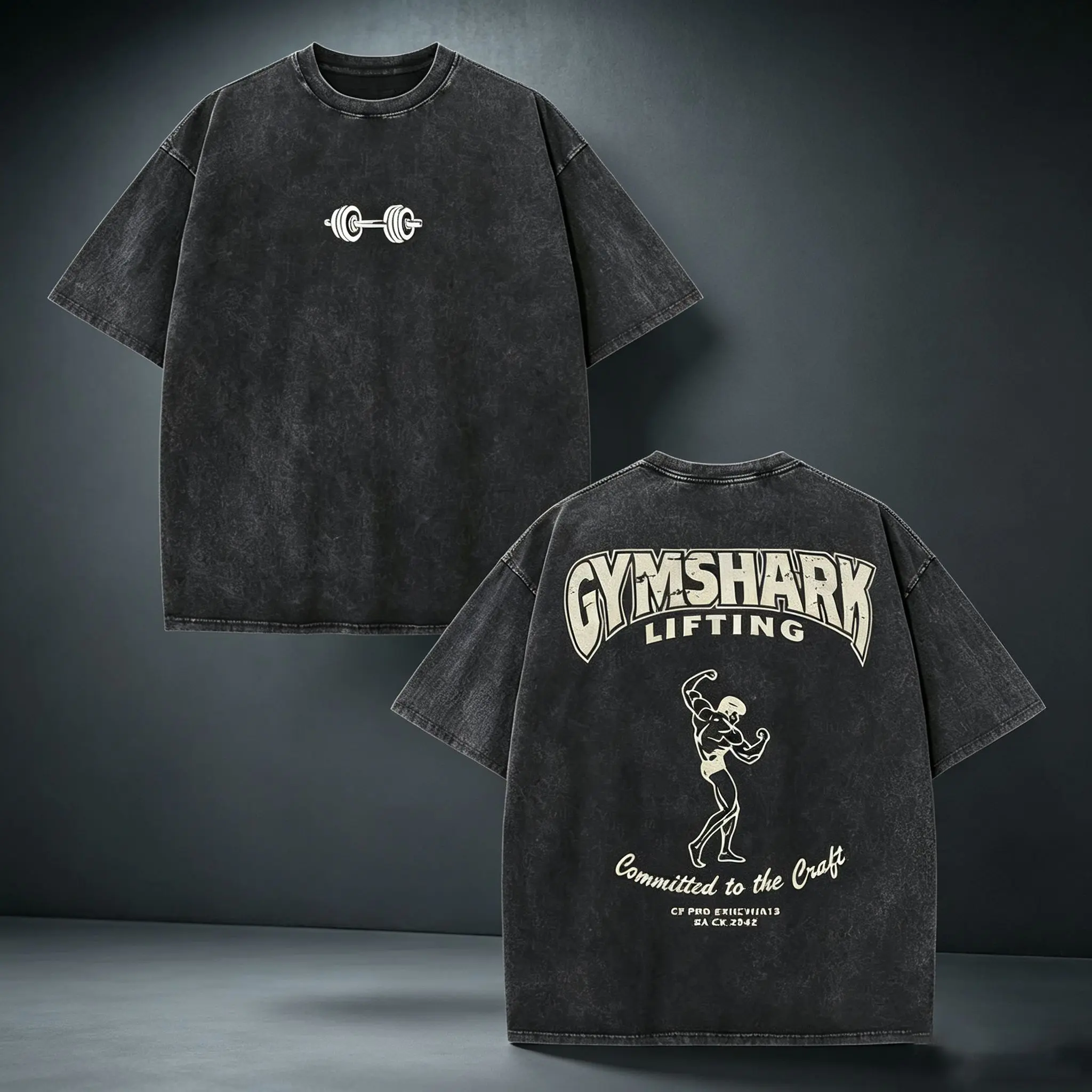 Retro Distressed Black Washed Graphic Tee, Front Minimal Barbell Logo Back Vintage Fitness Letter Muscle Print, Loose Sports Top for Travel Gym Weekend Hangout, Pair With Silver Pendant Denim Baseball Cap