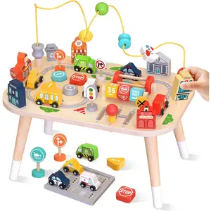 Wooden Montessori Activity Table for Toddlers, Baby Busy Table with Bead Maze, Shape Sorter, Cars & Road Signs, Traffic Learning Activity Center Sensory Toys for Birthday Gift Boys Girls 1+ Year Oldfidget toys