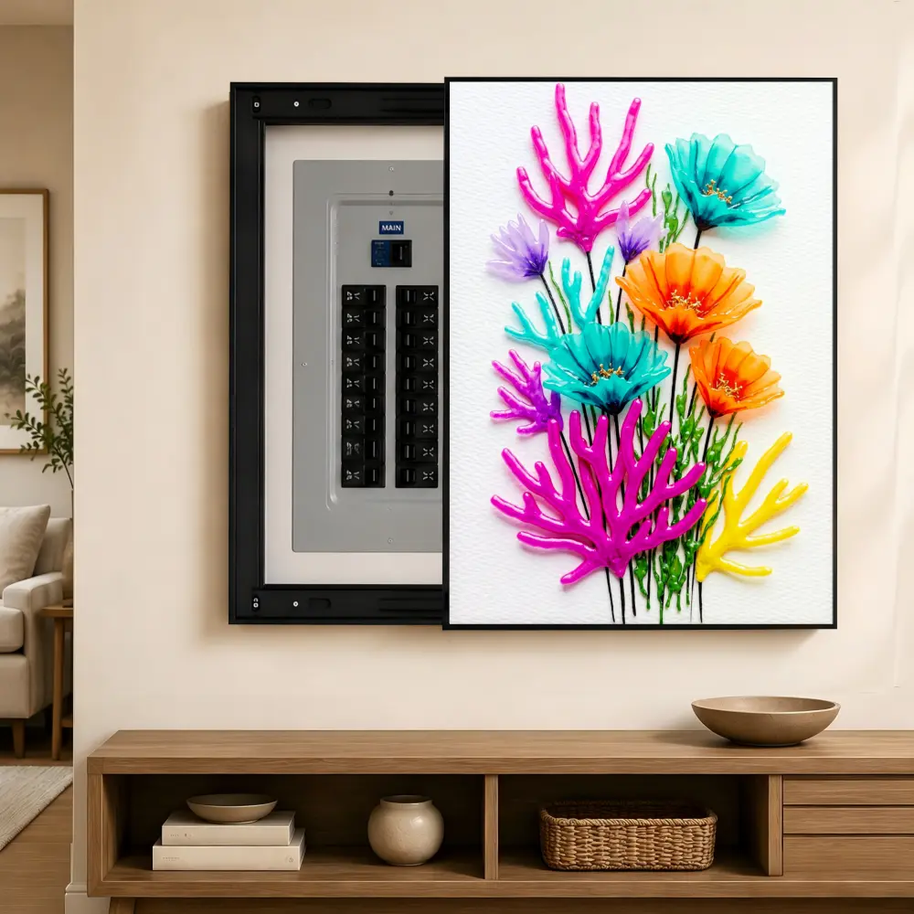 Aluminium Breaker Box Decorative Cover - Steel Sliding Panels, Minimalist Coral Flowers Abstract Art, 2 Sizes, Removable Wall-Mounted Electrical Panel Hideaway for Living Room, Home Offices