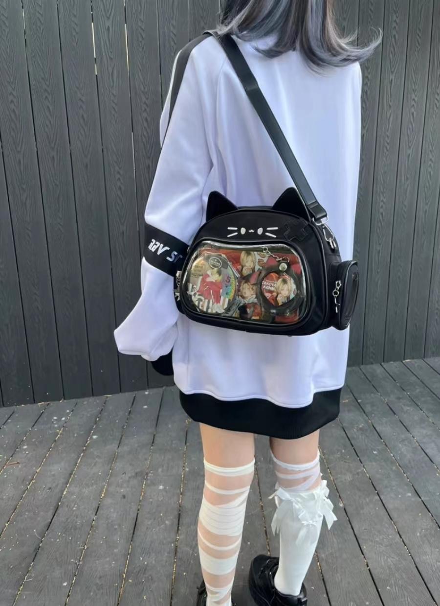New Y2K Korean Kawaii Cat Ita Bag Cute PU Shoulder Bag Girls Transparent Pocket Harajuku Crossbody Bag Women's Fashion Backpacks