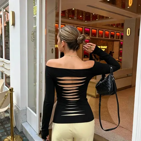 Women's Fashion Plain Hollow Out One-Shoulder Long Sleeve, Fitted Casual Fashion, Spring & Fall Casual Trendy Style, Perfect for Daily Wear, Travel