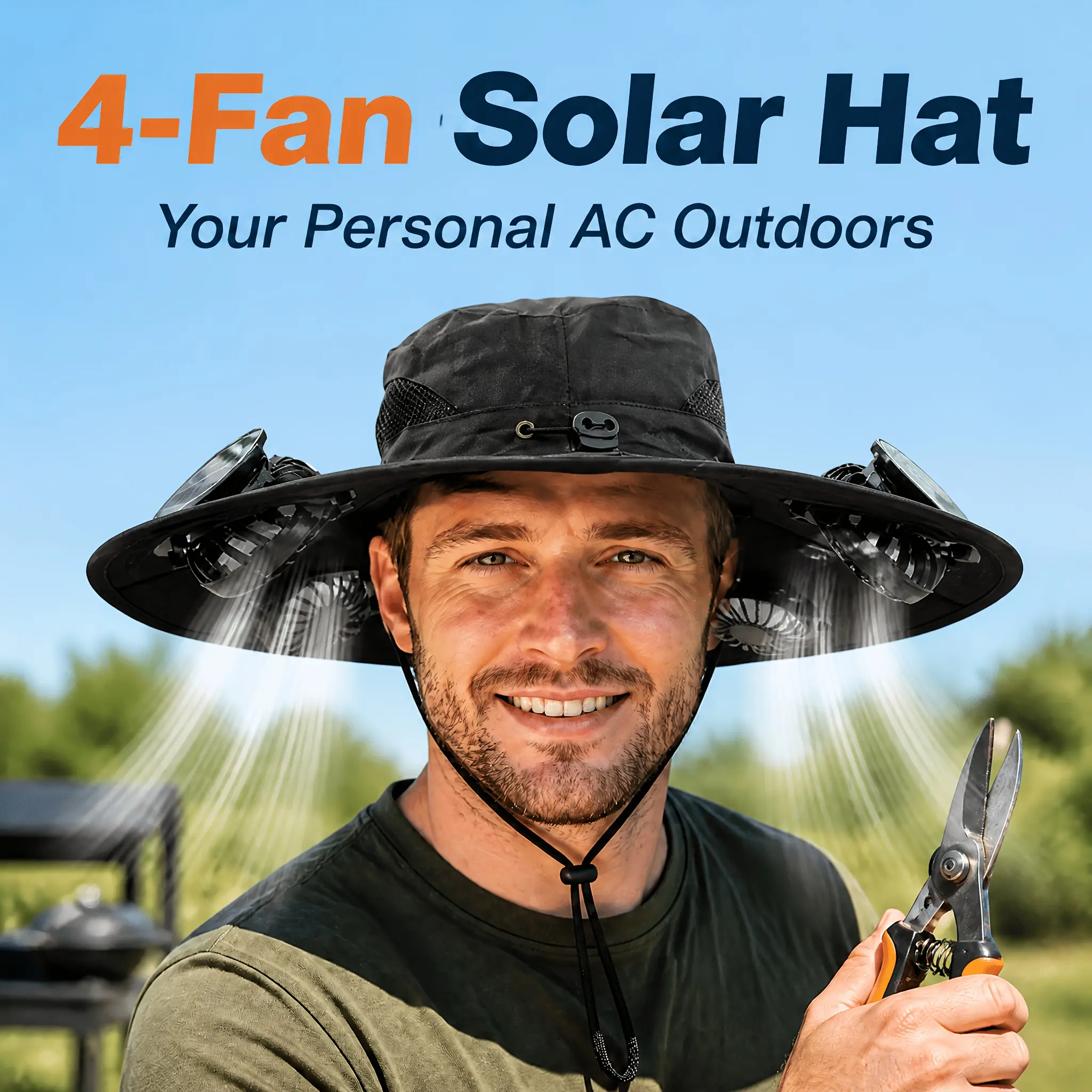 Solar-powered fan hat, equipped with 4 fans, offers sun protection, features a USB charging port and 3-speed wind adjustment. Supports outdoor solar charging and allows for adjustable fan angle. The wide brim provides comprehensive sun protection. It is i