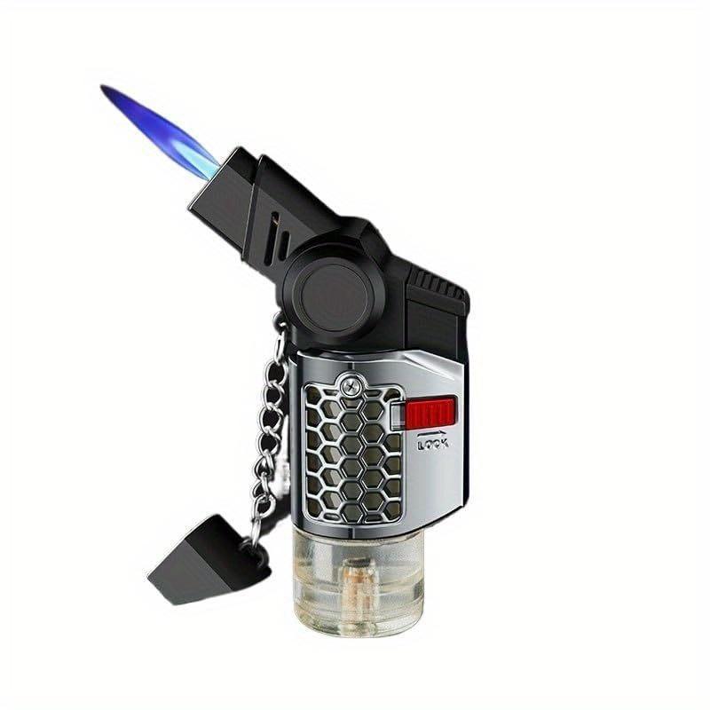 Compact Windproof Butane Torch Lighter with 15° & 45° Adjustable Swivel Ignition Head, Foldable Portable Design, Transparent Gas Tank with Safety Lock, Powerful Outdoor Welding Gun Lighter, Ideal Gift for Men (Butane Gas Not Included)