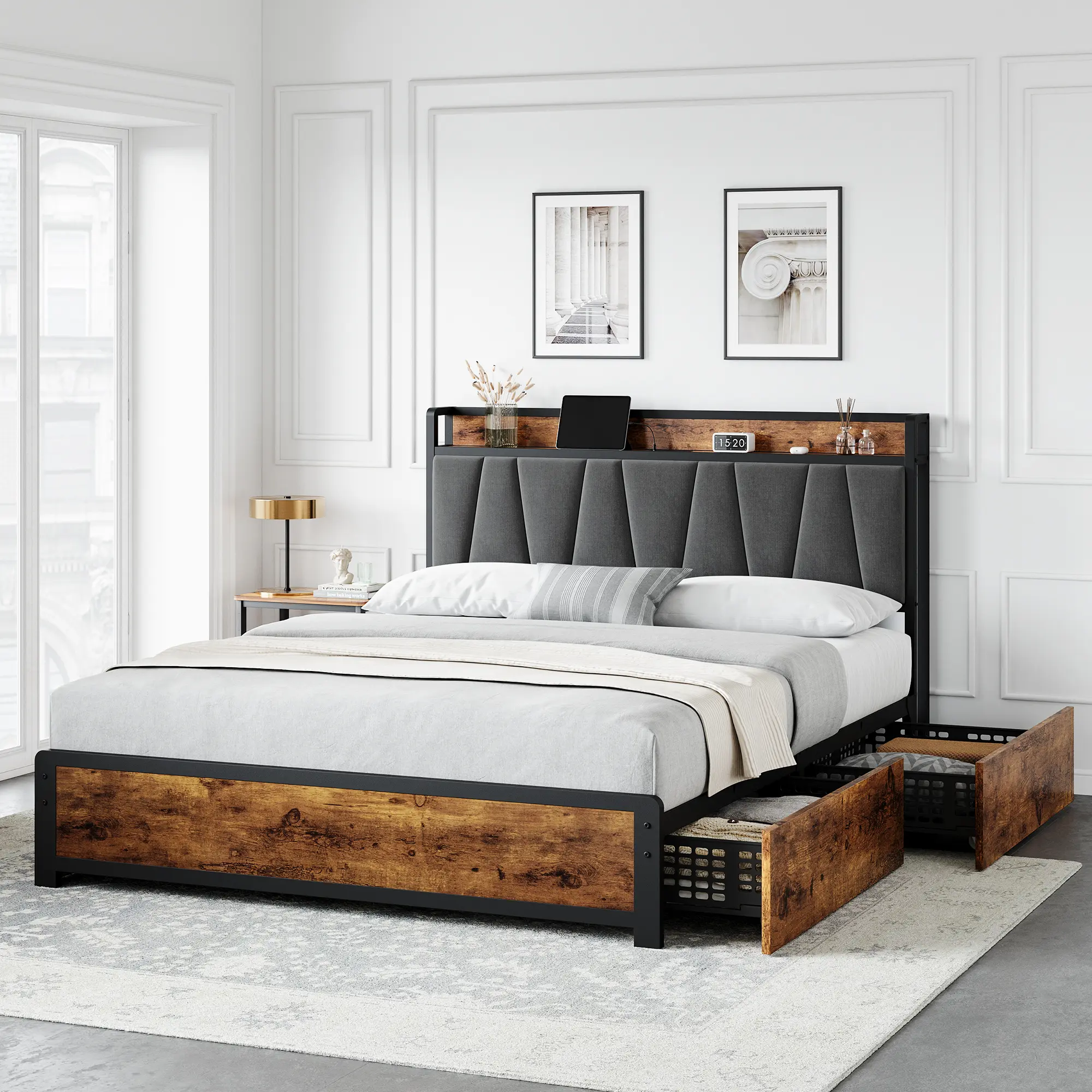 Upholstered Platform Bed Frame with Storage Drawers, Linen Headboard, Built-in Charging Station, Wooden Slats Support, Easy Assembly - Bedroom Furniture