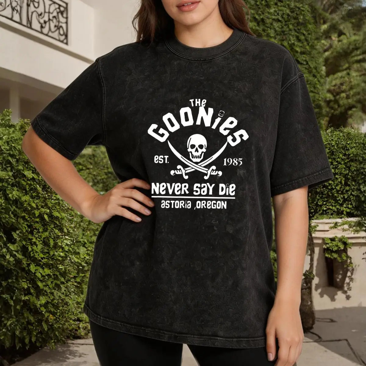 Women's The Goonies Skull And Crossbones Embroidered Boxy Loose-Fitting Lady T-Shirt - Round Neck, Half Sleeve, Linen-Polyester, Breathable, Wrinkle-Resistant, Minimalist Style, Casual Summer Streetwear, Gift For Classic Movie Adventure Fans