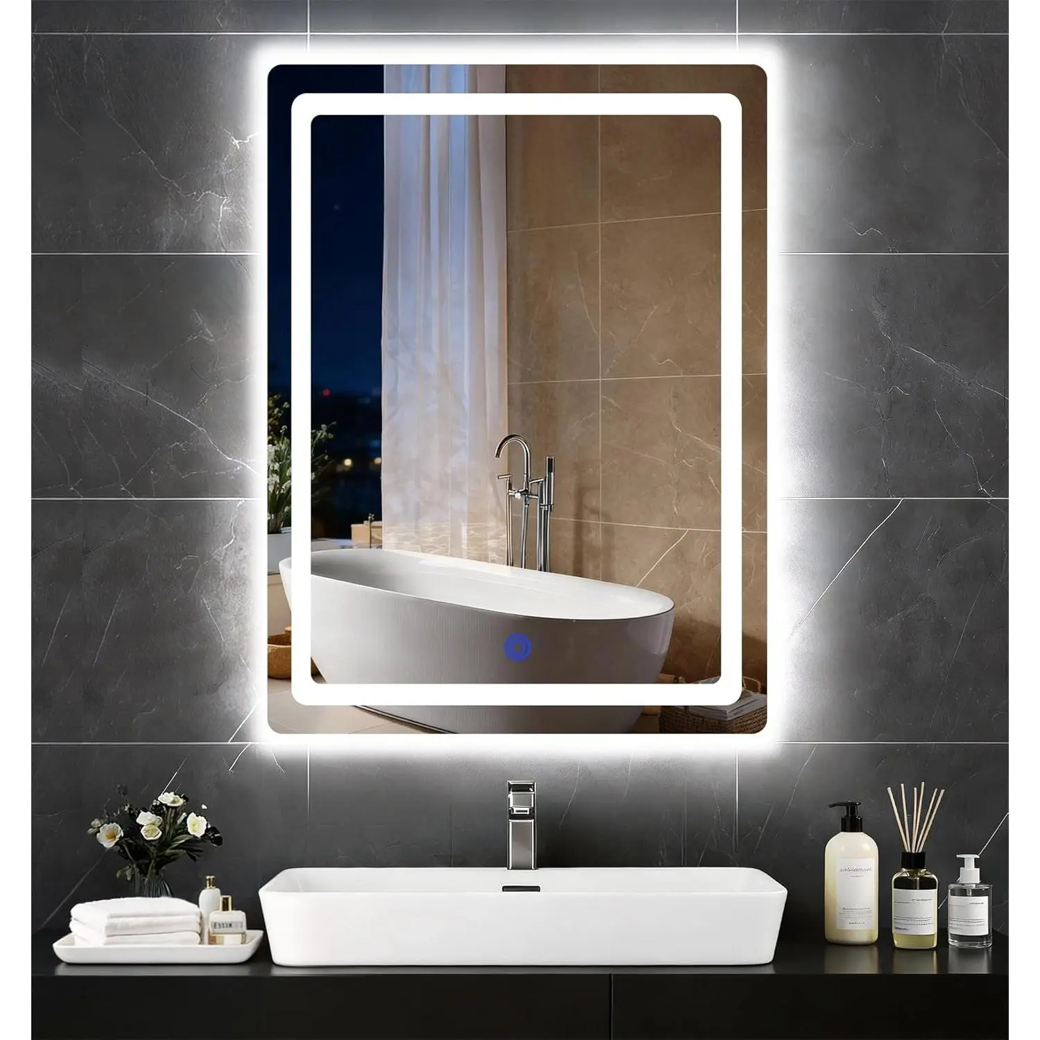 18" x 24" LED Bathroom Smart Mirror, Rectangle Mirror with Three Color Light Temperature Brightness Settings,Backlit + Front Lit,Wall-Mounted Vanity Mirror with Memory Function