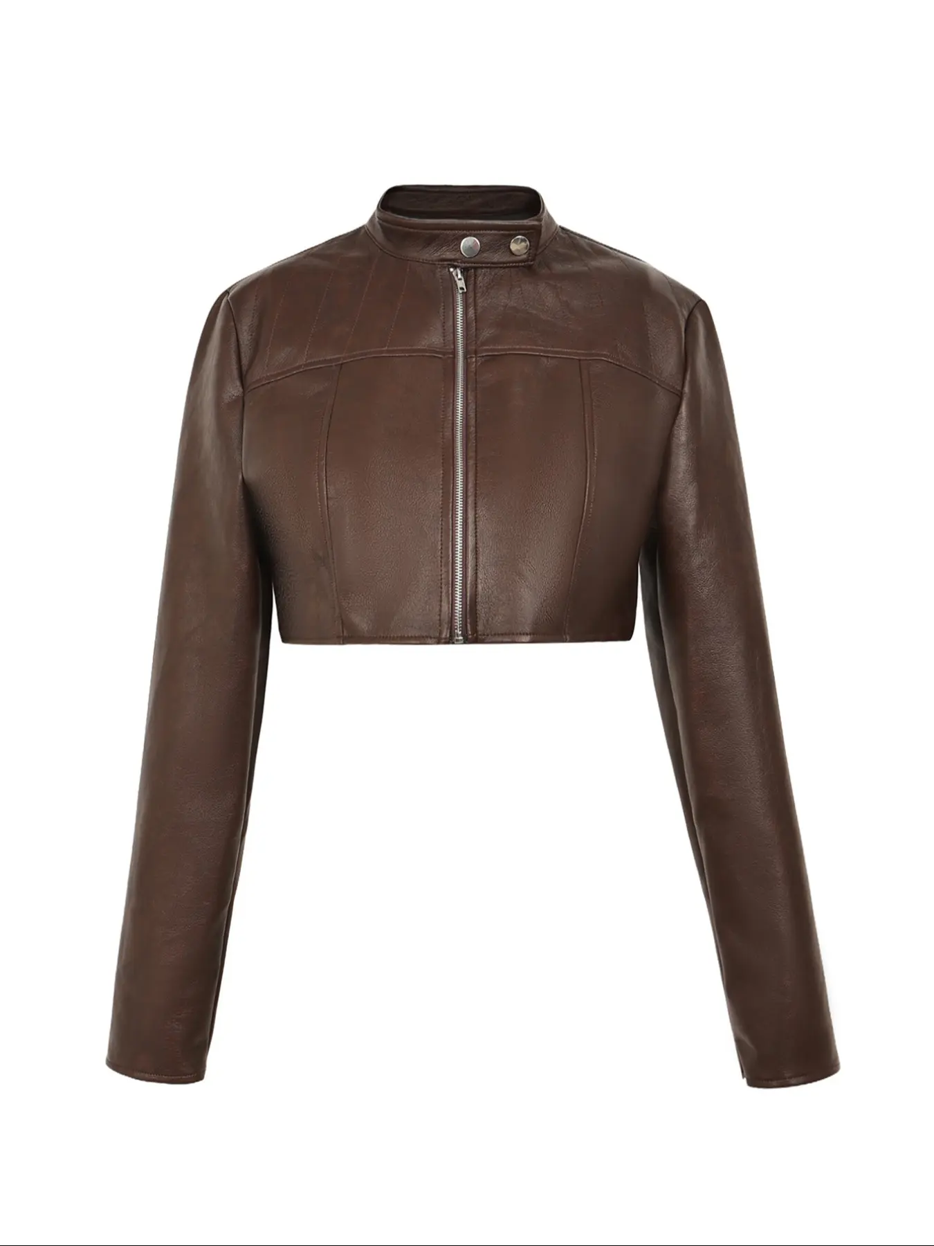 Women Faux Leather Cropped Moto Jacket, Stand Collar Zip Up, Long Sleeve Biker Crop Outerwear, Coats, Casual, Spring & Fall Street Style
