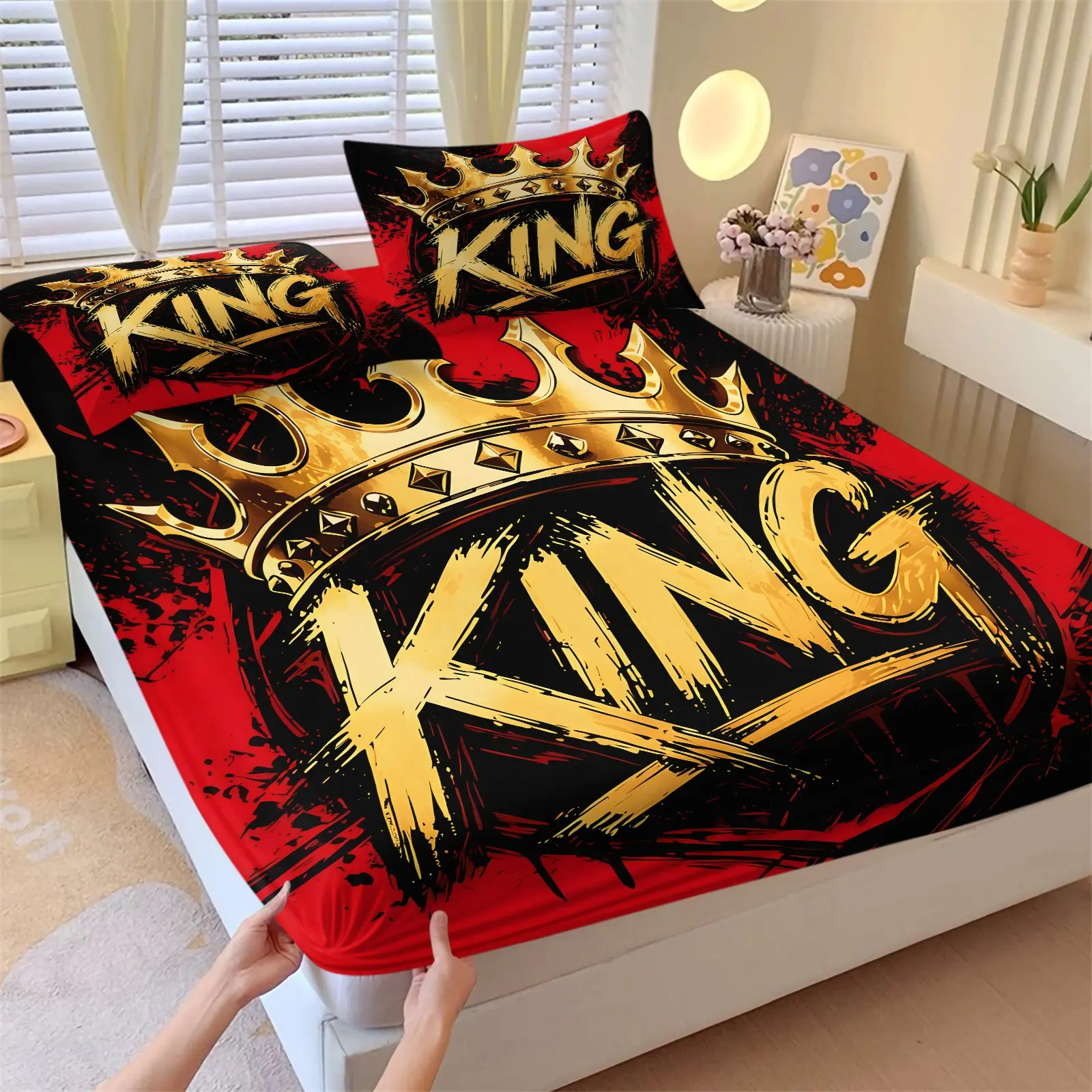 Red & Black King Crown Trendy Print Fitted Sheet Set 3-Piece-High Elastic Soft Ultra-Fine Fiber Mattress Protector-Street Hip-Hop Graffiti Style Bedding-Industrial Bedroom Gaming Room Boys Dorm Decor-Breathable Sheet Set