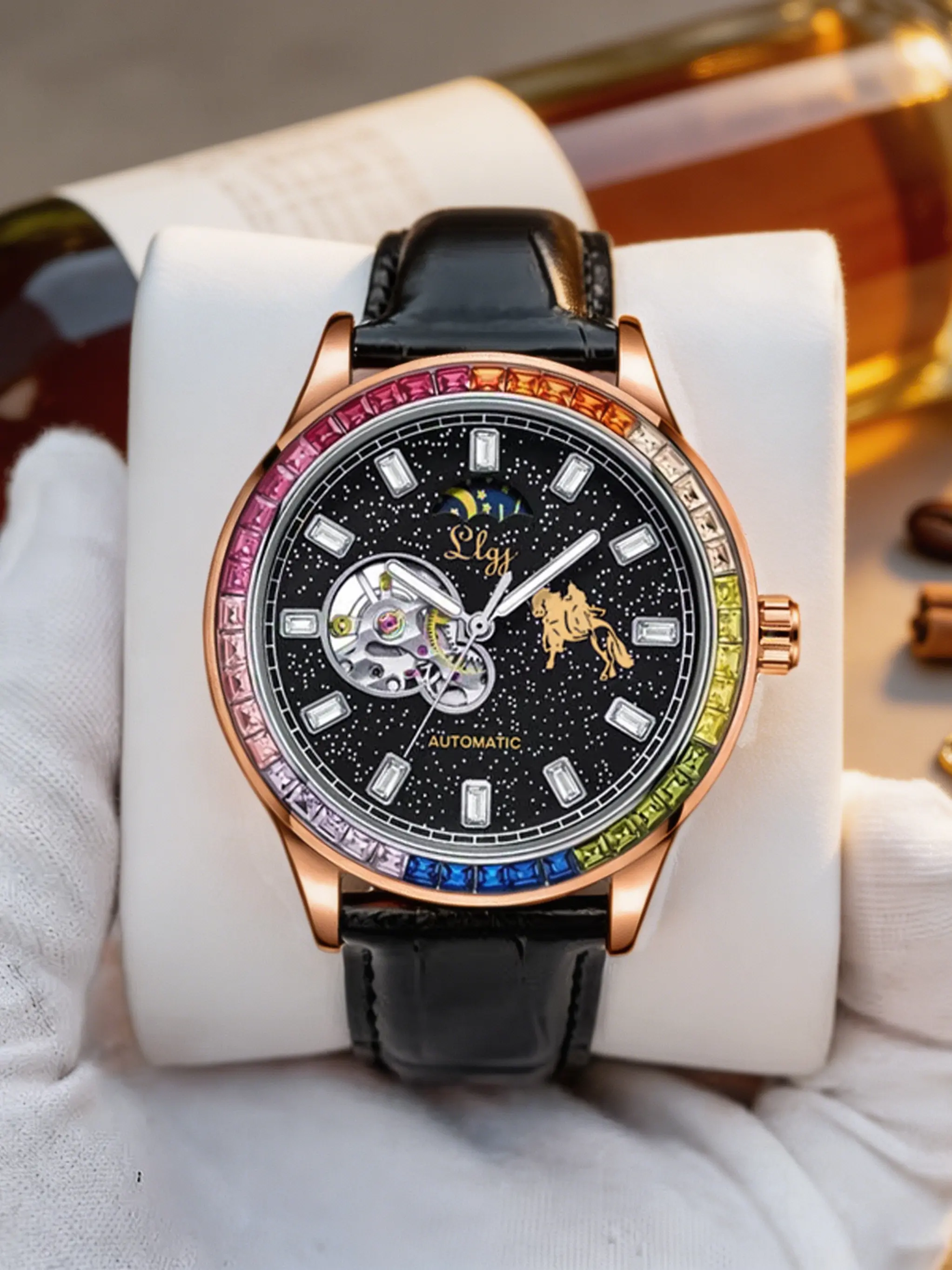 Rainbow Diamond Circle Mechanical Watch, Starry Night Glow Dial, Open Heart Design, Moon Phase Display, Alligator Leather Strap