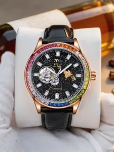 Rainbow Diamond Circle Mechanical Watch, Starry Night Glow Dial, Open Heart Design, Moon Phase Display, Alligator Leather Strap