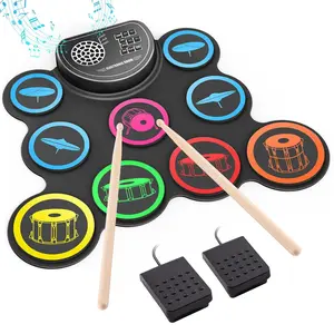 Electronic Drum Set, 9-Drum Practice Pad with Headphone Jack, Roll-up Drum Kit Machine with Speaker Drum Pedals, Great Christmas for Kids