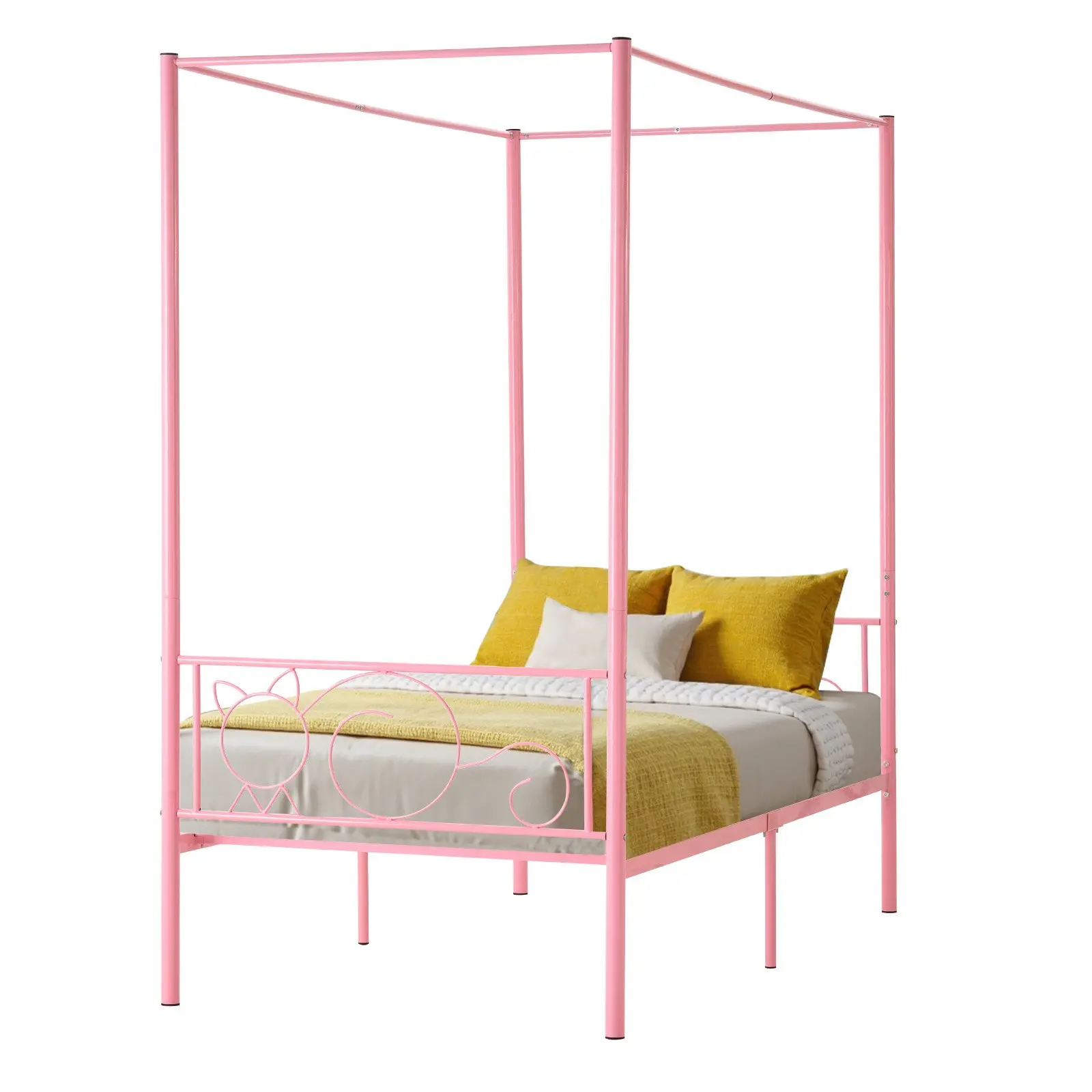 VEVOR Twin Size Canopy Bed Frame, Metal Canopy Bed with Minimalist Headboard Four Posters Design, Heavy Duty Steel Slats Support, Underbed Storage Space, No Box Spring Needed, Easy Assembly, Pink