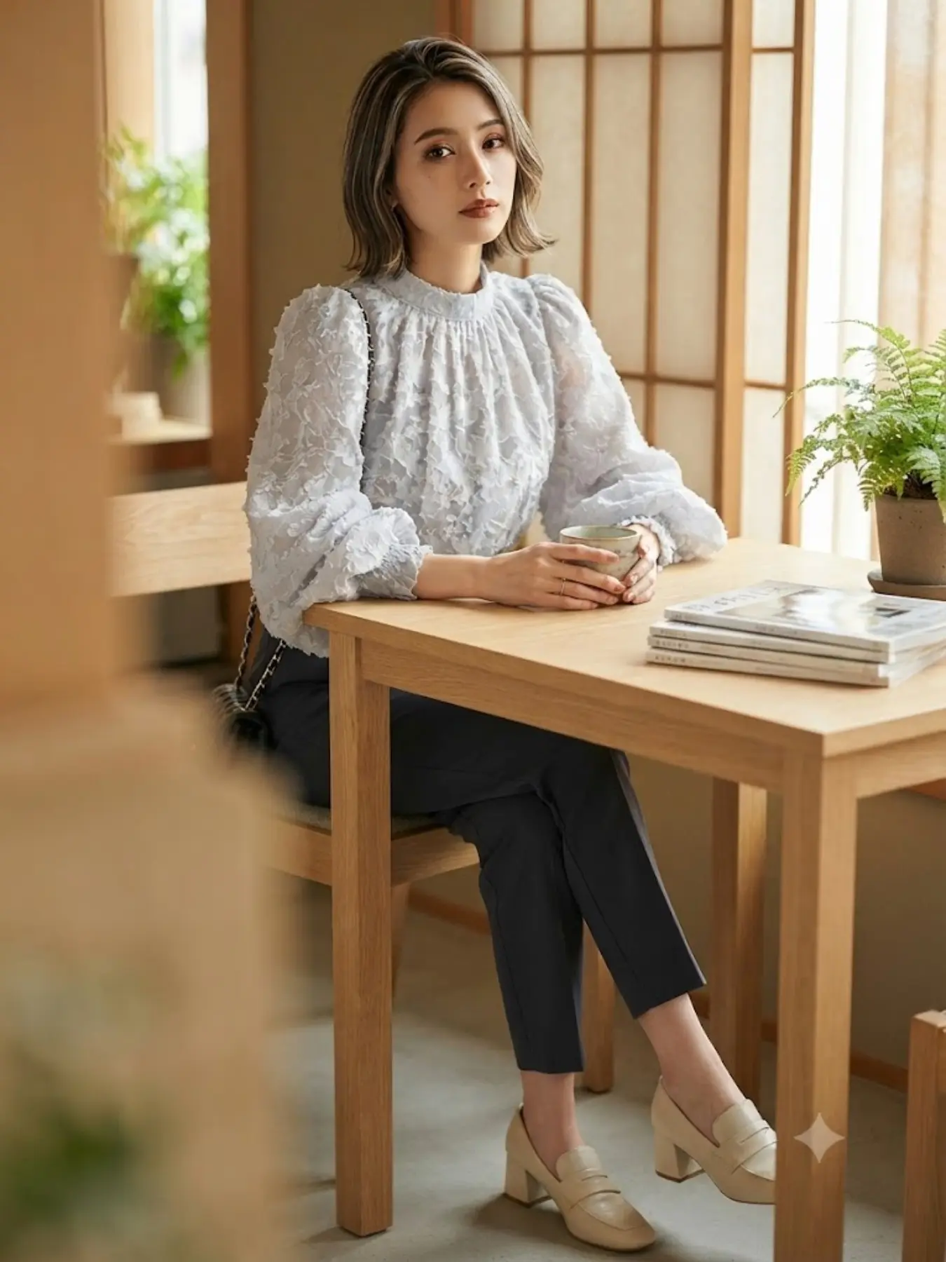 Korean Style Loose-Fitting Long Sleeve Blouse, Solid Color with Lace Panel and Ruffled Sleeves, Spring Summer Fashion Top