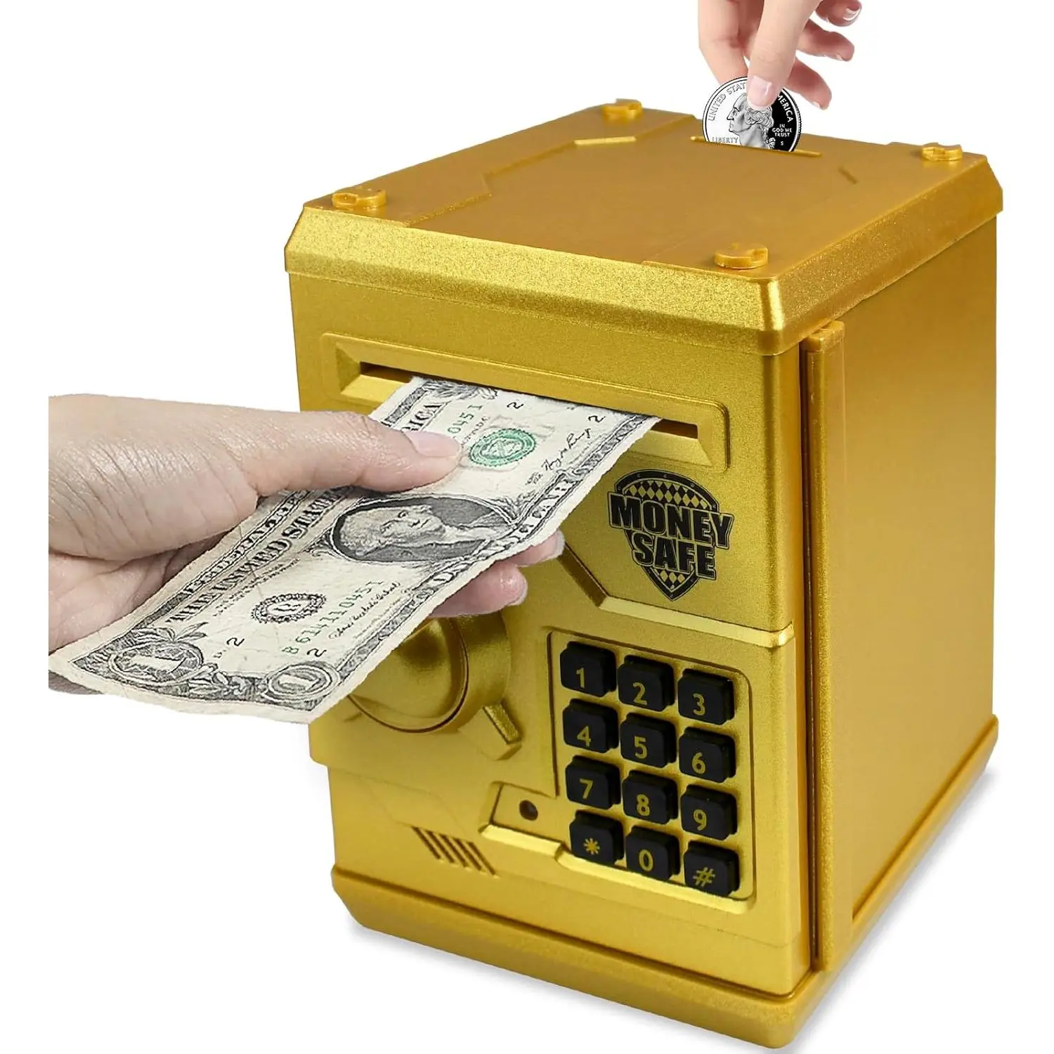 Mini ATM Piggy Bank ATM Machine Best Gift for Kids,Code Piggy Bank Money Counter Safe Box Coin Bank for Boys Girls Password Lock Case (Gold)