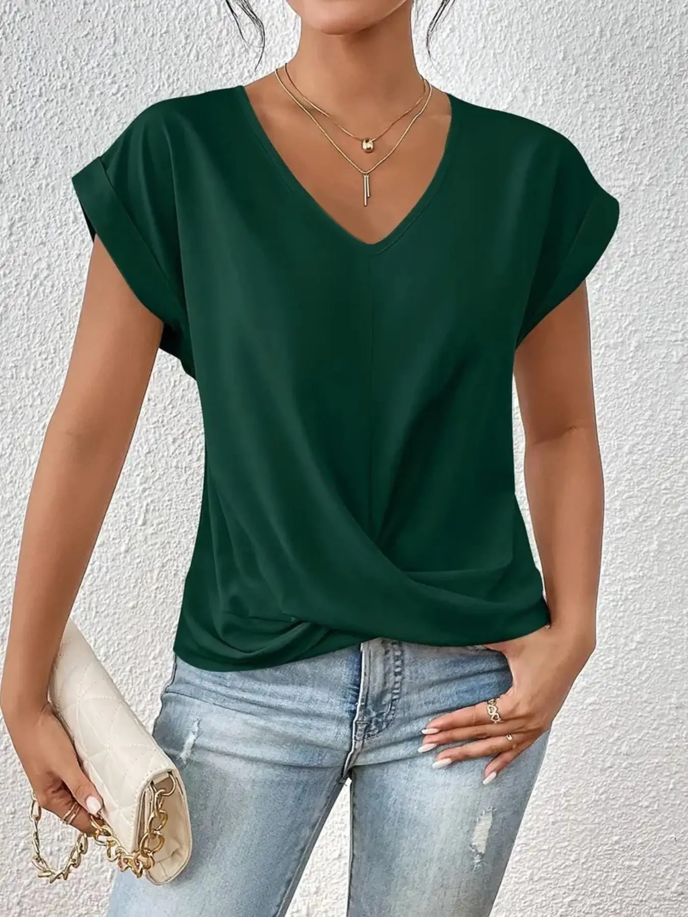 2026 Women's Trendy Solid V-Neck T-Shirt, Elegant Short Sleeve Top, Casual Daily Wear, Spring Summer Fashion, Slim-Fitting
