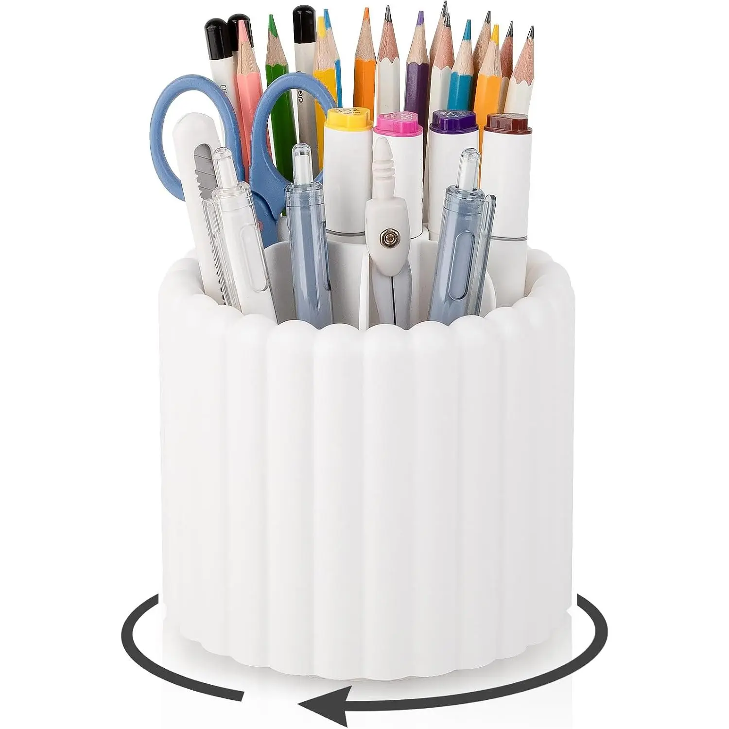 360° Rotating Pen Holder for Desk Removable Pencil Organizer, White | 7 Slots Pen Cup Cute Office Supplies and Accessories Plastic Desktop Storage Box Art  for School, Work,