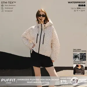 【Restocked】PUFFIT STM-TEX Short One-Size Rain Jacket With Pleated Hem,Hooded Jacket,Waterproof Jacket,Women Jacket,Wide-Brim Hood,Adjustable Cuffs,Zips,Outdoor Sport,Jacket,Statements,Windbreaker,Spring,Dog Walking,School Running,Football Mum,Stylish