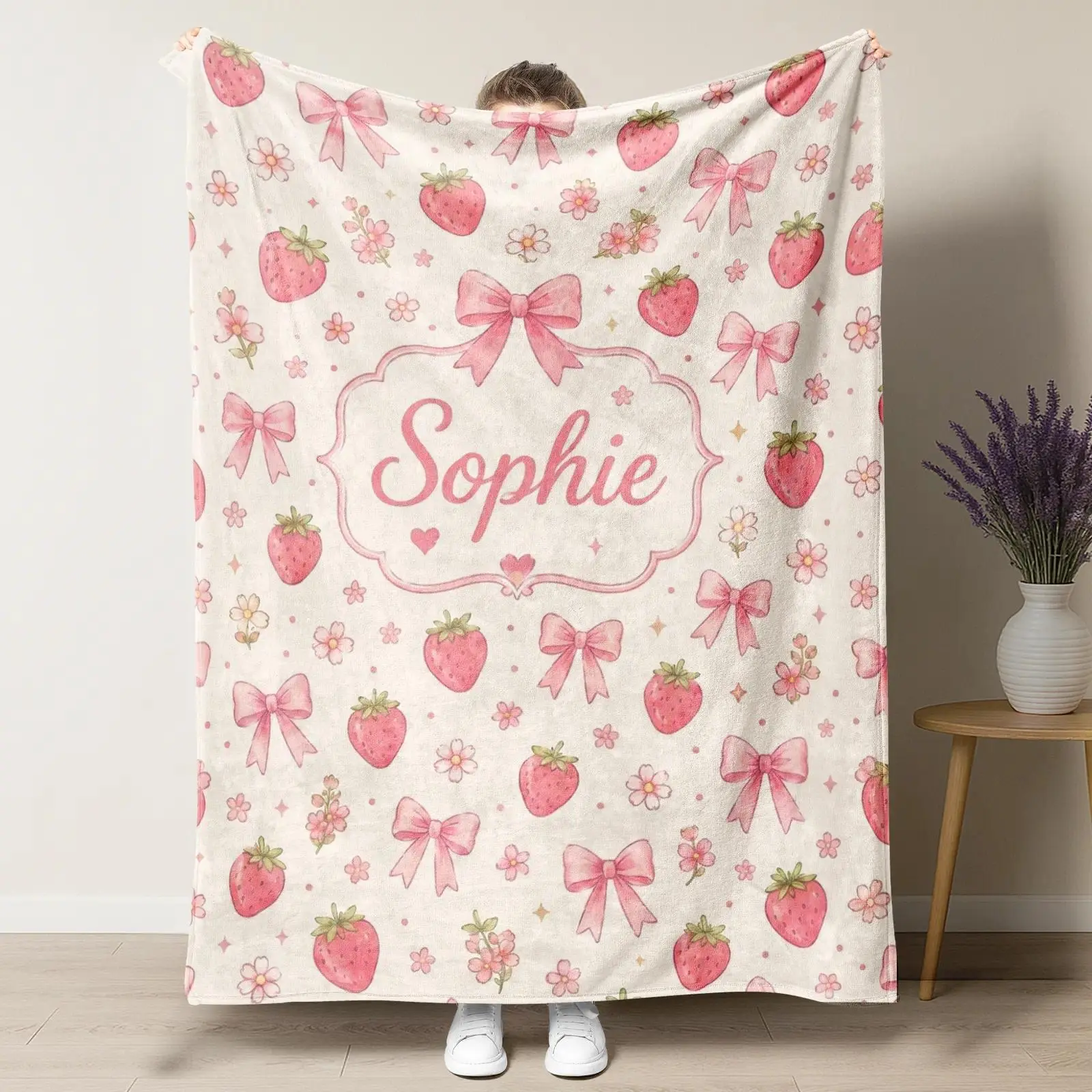Custom Name Pink Strawberry Bow Flannel Throw Blanket - Cute Coquette Bows & Berries Personalized Fleece Bedding for Girls Room & Gift Decor