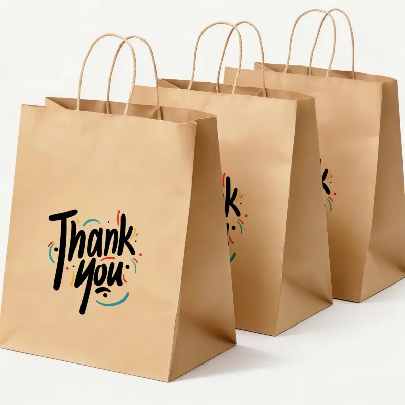 Thank you gift bags, kraft paper bags, colorful handwritten design, made from recycled materials with twist rope handles, suitable for parties and events, size 5.9 x 3.1 x 8.3inch, pack of 5
