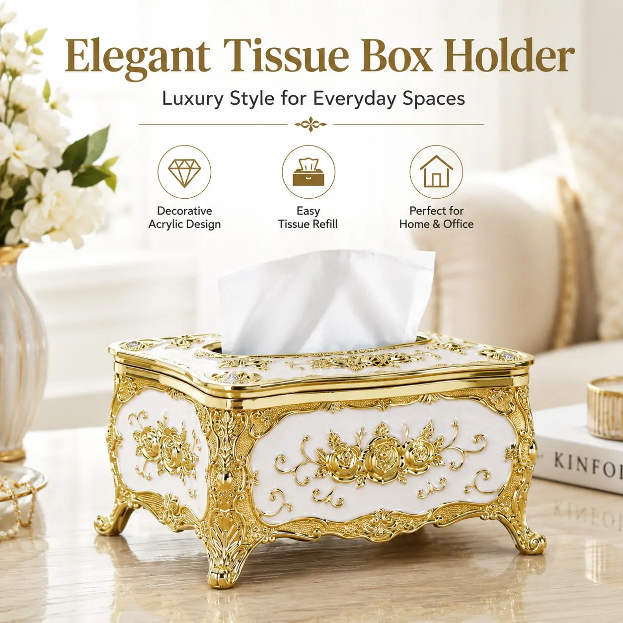 1 Pc Decorative Tissue Box Cover – Ornate Facial Tissue Holder, Rectangular Napkin Dispenser, Desktop Tissue Organizer, Refillable Tissue Container, Luxury Tissue Storage Box and Vintage Home Decor Tissue Holder.