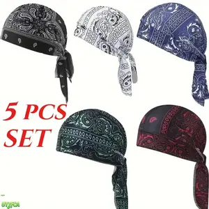 5 Pack Pre Tied Paisley Durag Headwrap Set, Quick Dry Moisture Wicking Sports Skull Cap, Adjustable Tie Back Unisex Headwear,Helmet Sports Headbands Multi Use as Helmet Liner Neck Scarf, Ideal for Motorcycle, Cycling, Running and Daily Streetwear