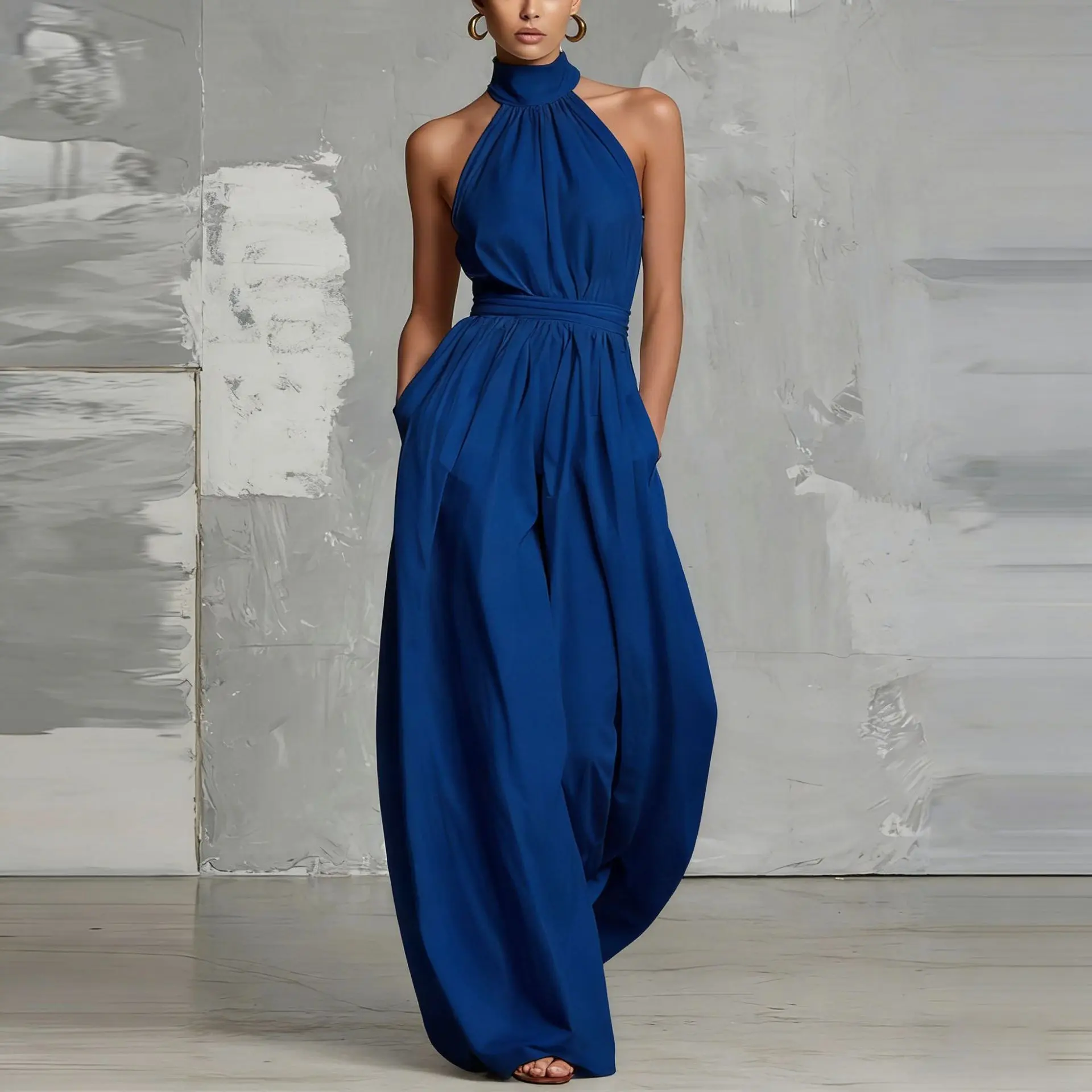 DB-Women's Sleeveless Halter Neck High Waist Wide Leg Jumpsuit - Womenswear Elegant Casual Formal Breathable Chic Outfit