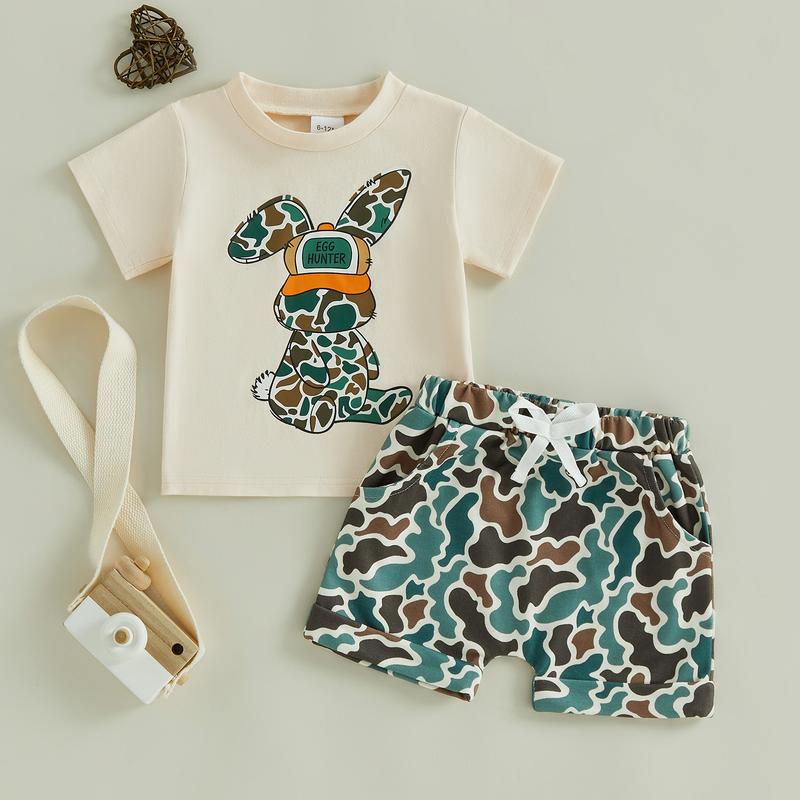 Kids Boys Shorts Set, Short Sleeve Rabbit Print T-shirt with Camouflage Shorts Easter Clothes Summer Outfit Kids Boys Shorts Set, Short Sleeve Rabbit Print T-shirt with Camouflage Shorts Easter Clothes Summer Outfit
