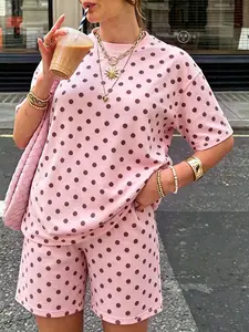 Women's Summer Polka Dot Short Sleeve T-Shirt + Shorts Set, Casual Two-Piece, Fashionable Beach & Daily Wear