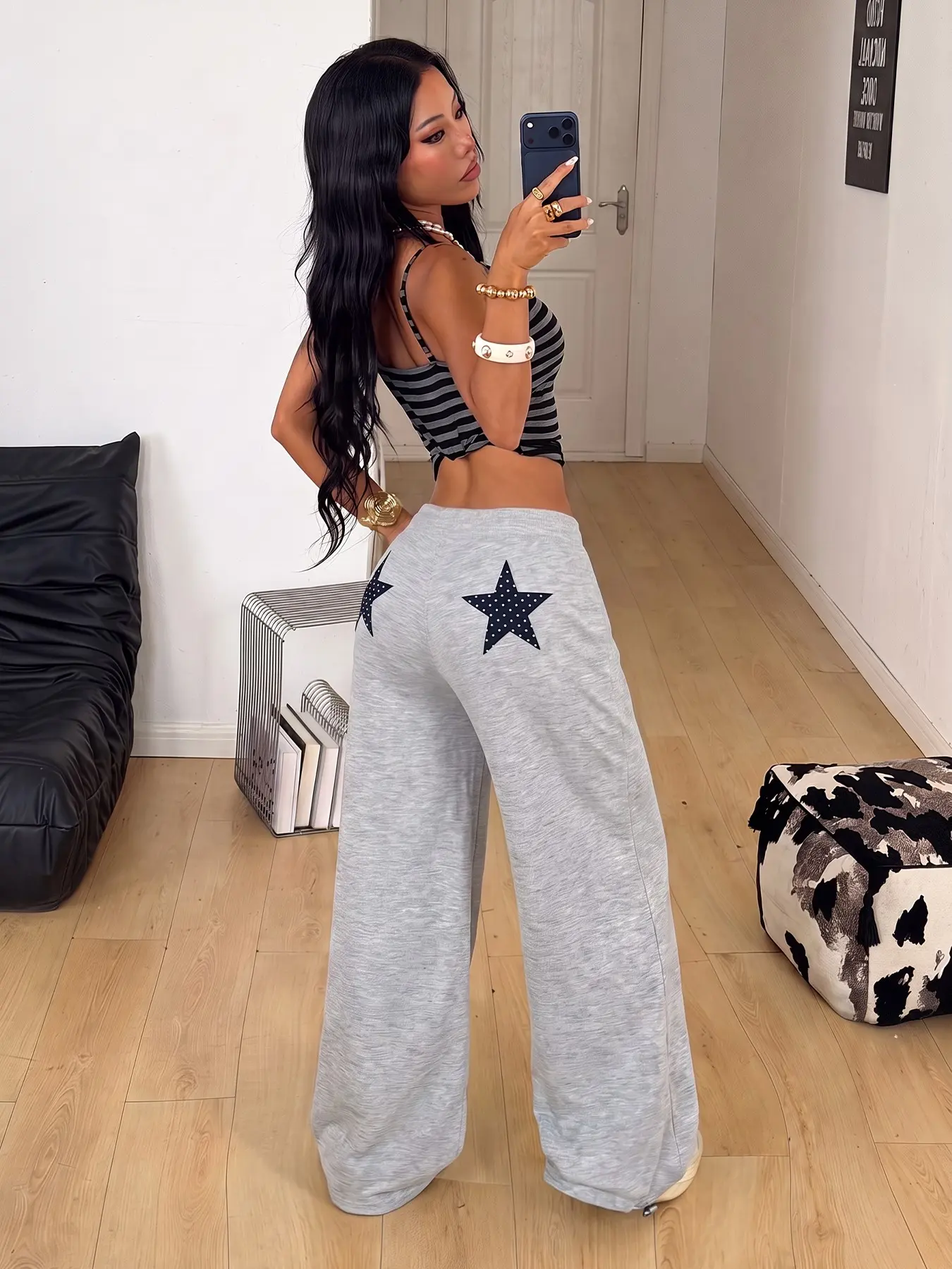 Y2K Back Star Print Sweatpants for Women Graphic Elastic Drawstring Waist Loose Wide Leg Full Length Track Bottom, Soft Casual Daily Streetwear Lounge Straight Leg Sweatpants Loungewear Trousers #tiktokmademebuyit #outfitinspo#viralfashion #outdoorstyle