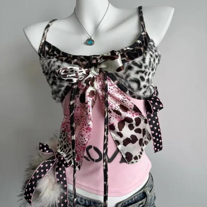90s Harajuku Vintage Slim Camisole Subculture Leopard Patchwork Bow Halter Vest Y2K Aesthetic Letter Print Tanks Slim Women Tops
