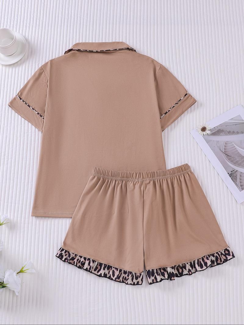 Women's Patchwork Contrast Binding Button Front Pocket Shirt & Ruffle Hem Shorts Pyjama Set, Casual Comfy Two-piece Pj Set, Ladies Summer Sleepwear, Pajama Set