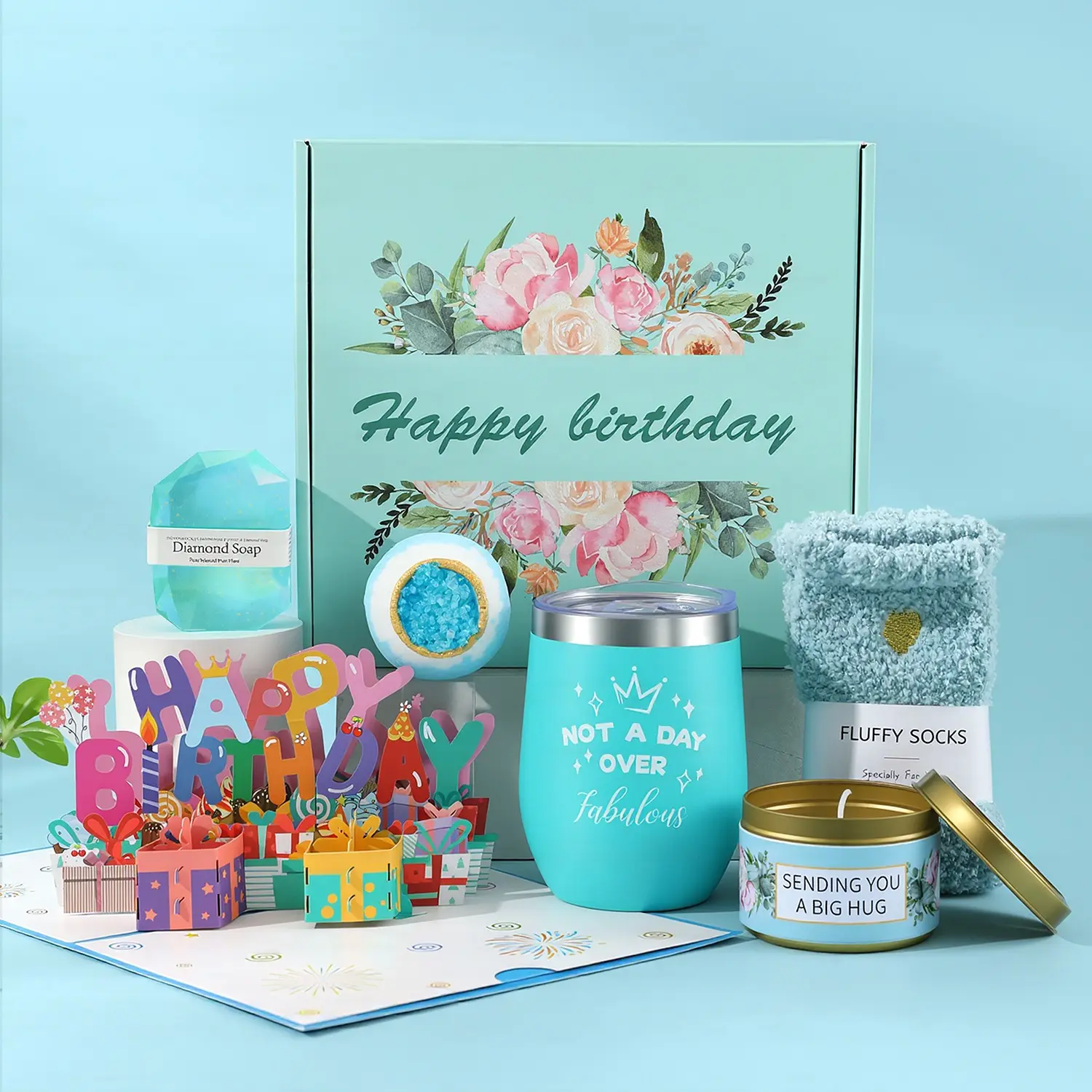 1 Set Mint Green Gift Box Set, including insulated tumbler, scented candle, gemstone soap, bath bomb, fluffy socks and 3D pop-up birthday card, birthday and holiday gifts for women