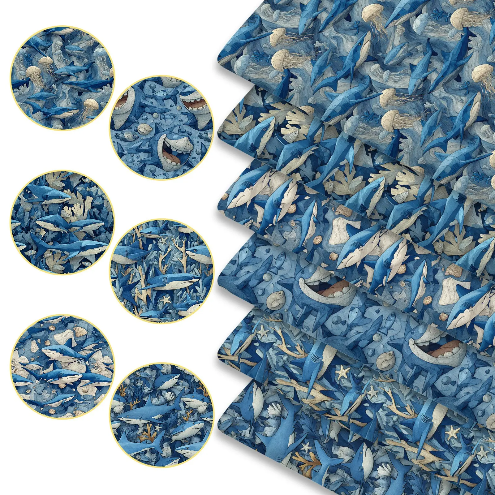 6pcs Cartoon Shark Adventure Print Fabric Bundles, 45cm*50cm/17.72in*19.69in Ocean Gift Fabric Squares for Quilting, Patchwork Sewing Material for Bedding, Tablecloth, Bags, Masks, Hats, Headbands, Pillowcases