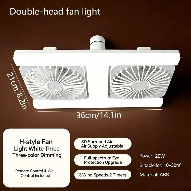 New H-Type Fan Light, E27 Screw Base Adjustable Angle LED Three Color Dimmable, Quiet Dual Blade, Remote Control, Home Use