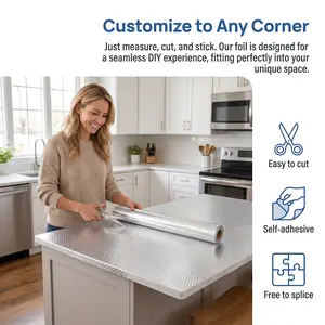 15.7*118 Inch Silver Cube Texture Non-Woven Aluminum Foil Contact Paper, Peel and Stick Self Adhesive Kitchen Backsplash Wallpaper, Oilproof Waterproof Heat Resistant Cabinet Drawer Liner