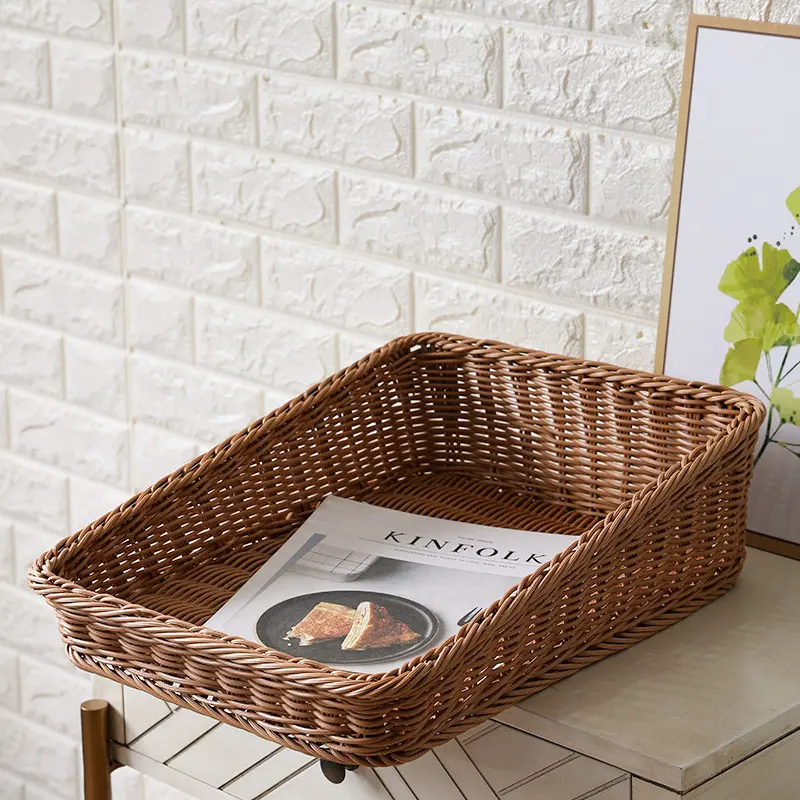 Imitation Rattan Woven Desktop Storage Basket, Book and Magazine Finishing Basket, Milk Tea Shop Supermarket Trapezoidal Display Basket, Bread Basket Oblique Mouth