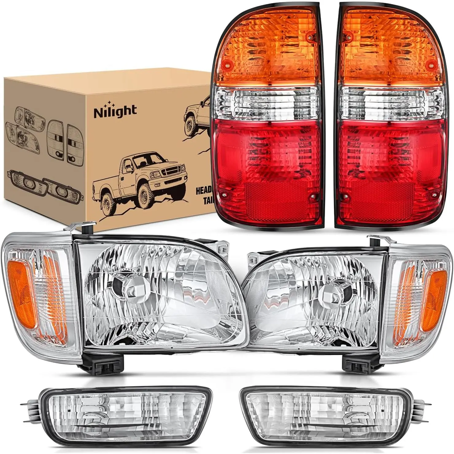 Nilight 1 Pair Headlight & Taillight Combo Set for 2001-2004 Toyota Tacoma, OE-Standard Chrome Housing, Amber Reflector, PP Plastic Red Taillight Assembly, IP65 Waterproof, Plug-N-Play, Anti-Fog Vents, DOT/SAE Safe Night Drive Enhancement, No