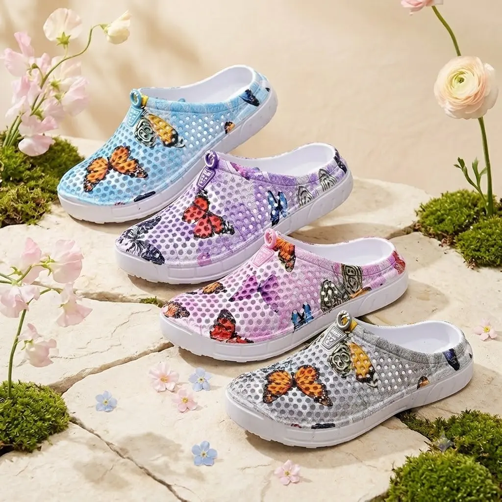 Women's Butterfly Print Garden Clogs - Breathable Mesh Slip-On Shoes, Lightweight Non-Slip Quick-Dry Summer Beach Footwear, Comfortable Nursing Outdoor Walking Shoes
